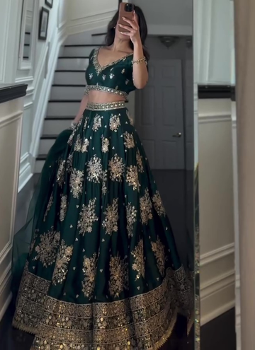 Japan Satin Dark Green Sequence Embroidered Lehenga Choli Set